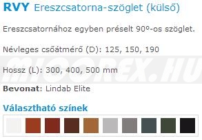 Lindab Rainline ereszcsatorna rendszer RVY Ereszcsatorna-szöglet jellemzők: